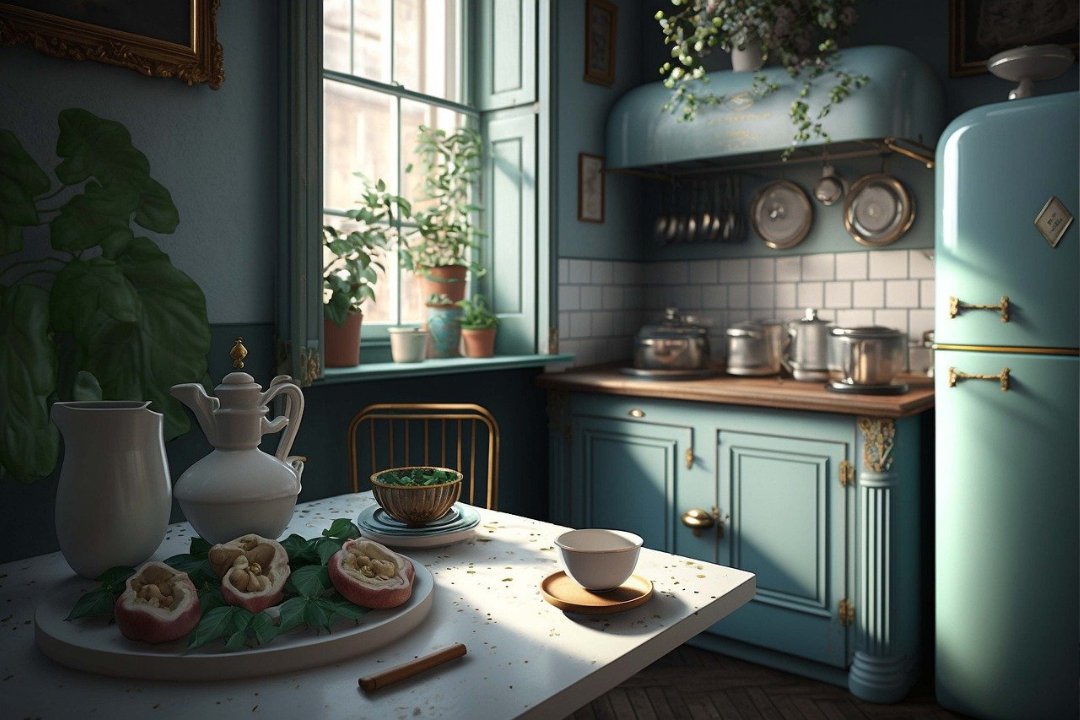 Cozy Vintage Kitchen: Rustic wooden cabinets, antique cookware, and lush greenery create a warm, inviting atmosphere in this charming kitchen space.